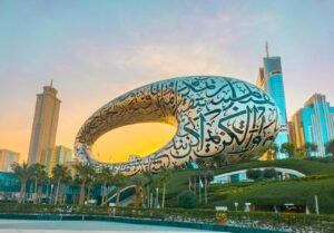 The Museum of the Future with Arabic calligraphy in Dubai at golden hour